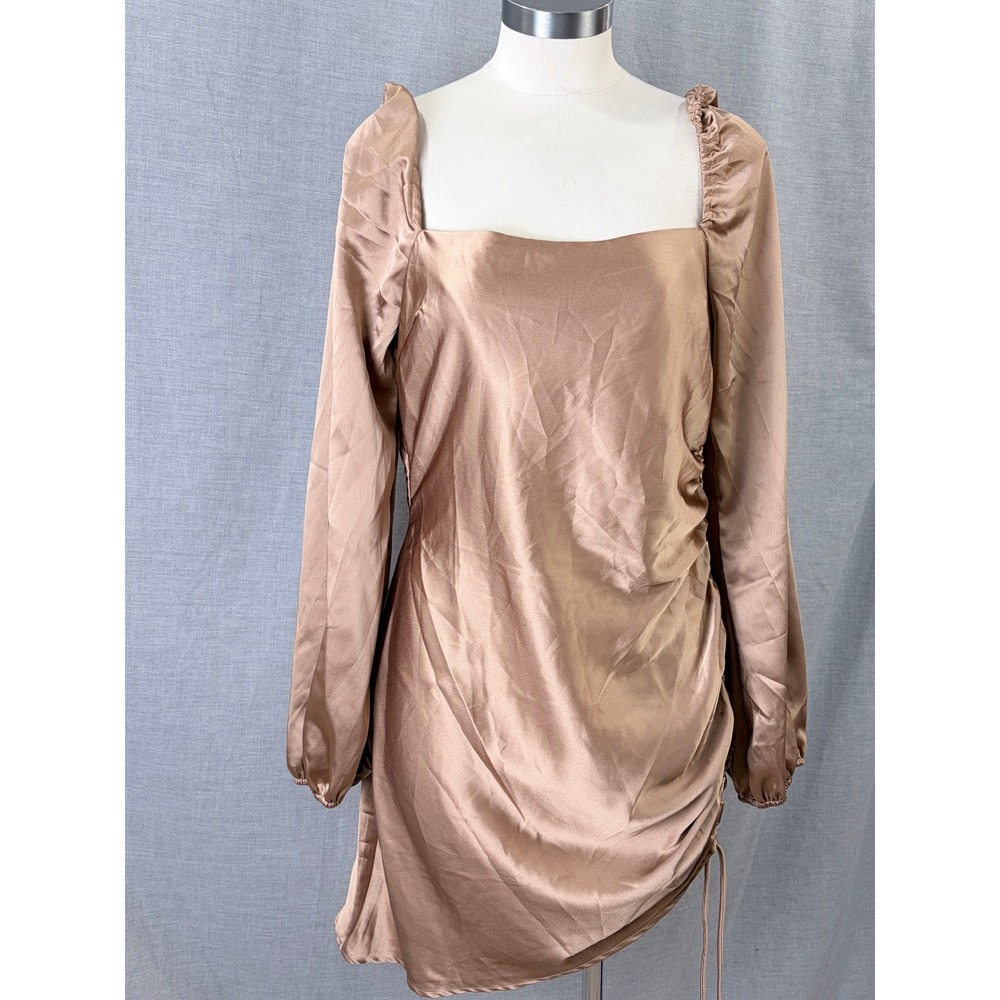 NWT Emory Park Bronze Satin Ruched Mini Dress Square Neck‎ Long Sleeve L
